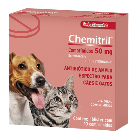 Antibiótico Chemitril para Cães e Gatos com 10 Comprimidos de 50 mg Antibiótico Chemitril para Cães e Gatos com 10 Comprimidos de 50 mg