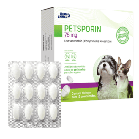 Antibiótico PetSporin para Cães e Gatos em Blister com 12 Comprimidos de 75 mg Antibiótico PetSporin para Cães e Gatos em Blister com 12 Comprimidos de 75 mg