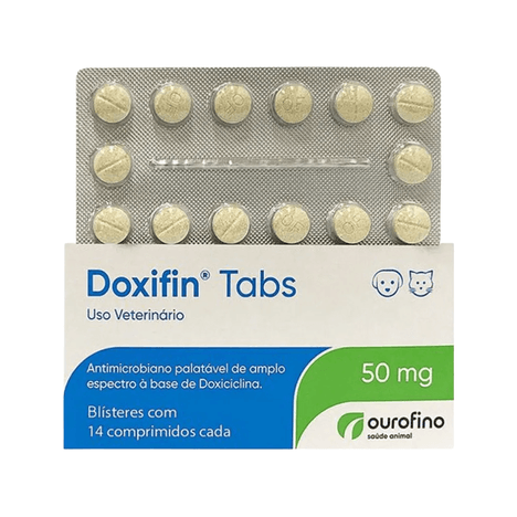 Antibiótico Doxifin Tabs para Cães e Gatos em Blister com 14 Comprimidos de 50 mg Antibiótico Doxifin Tabs para Cães e Gatos em Blister com 14 Comprimidos de 50 mg