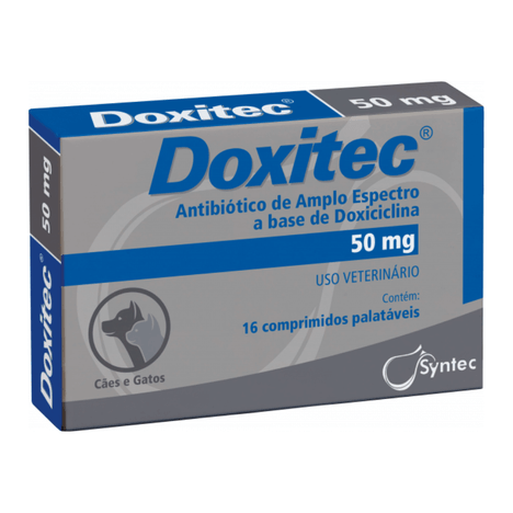 Antibiótico Doxitec para Cães e Gatos com 16 Comprimidos de 50 mg Antibiótico Doxitec para Cães e Gatos com 16 Comprimidos de 50 mg