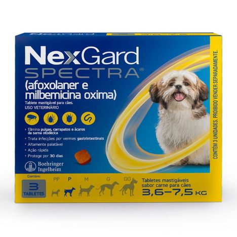 Antiparasitário NexGard Spectra para Cães de 3,6 kg a 7,5 kg com 3 Tabletes Antiparasitário NexGard Spectra para Cães de 3,6 kg a 7,5 kg com 3 Tabletes