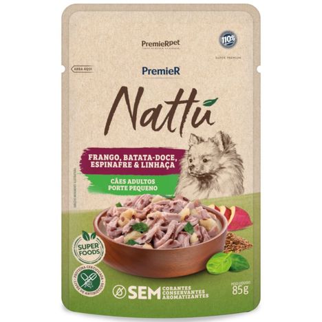 Sachê Premier Nattu para Cães Adultos de Porte Pequeno Sabor Frango, Batata-doce, Espinafre e Linhaça 85g Sachê Premier Nattu para Cães Adultos de Porte Pequeno Sabor Frango, Batata-doce, Espinafre e Linhaça 85g
