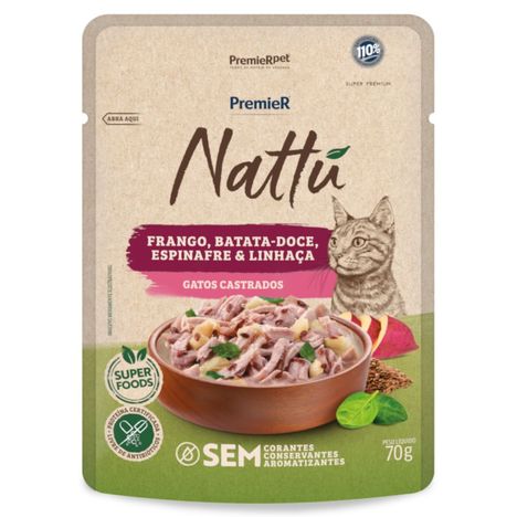 Sachê Premier Nattu para Gatos Castrados Frango, Batata Doce, Espinafre e Linhaça 70g Sachê Premier Nattu para Gatos Castrados Frango, Batata Doce, Espinafre e Linhaça 70g