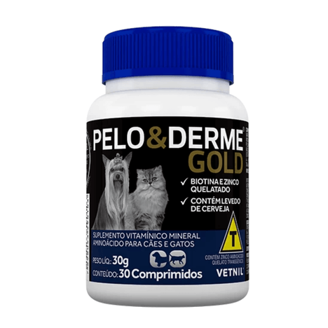Suplemento Pelo & Derme Gold para Cães e Gatos com 30 Comprimidos Suplemento Pelo & Derme Gold para Cães e Gatos com 30 Comprimidos