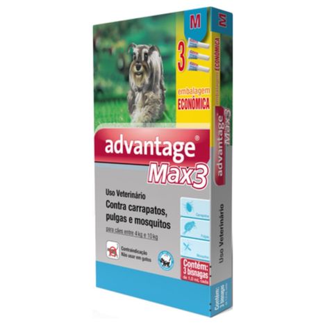 Antipulgas e Carrapatos Elanco Advantage MAX3 para Cães de 4 a 10 Kg - 3 Pipetas Antipulgas e Carrapatos Elanco Advantage MAX3 para Cães de 4 a 10 Kg - 3 Pipetas